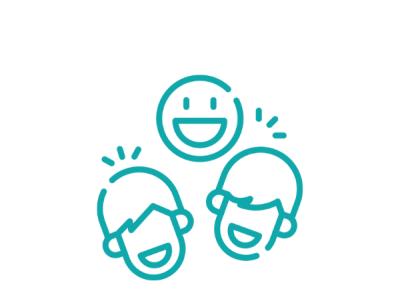 Three cartoon faces smiling in a circle with exclamation marks.