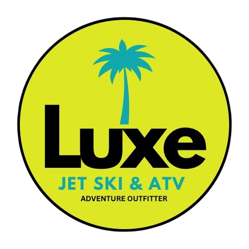 Logo with 'Luxe Jet Ski & ATV Adventure Outfitter' and a blue palm tree on yellow background.