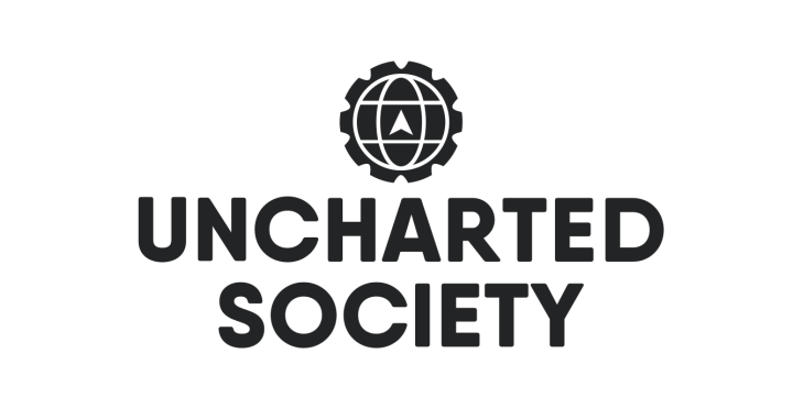 Logo with gear, globe icon above text 'Uncharted Society' in bold black lettering.