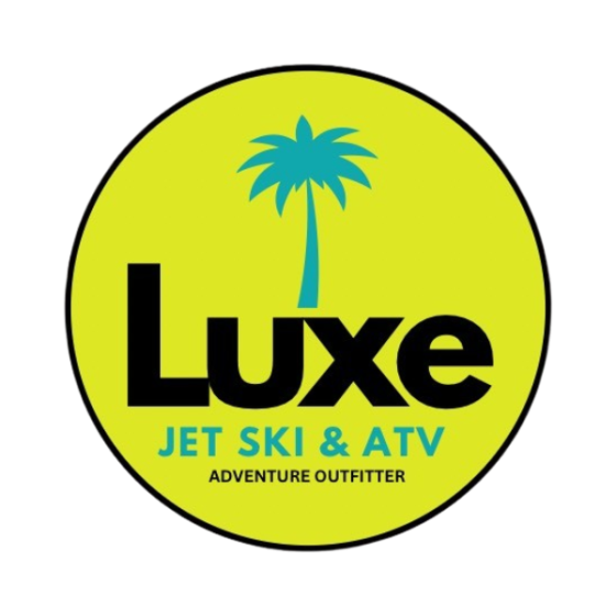 Logo with yellow circle, blue palm tree, and text: Luxe Jet Ski & ATV Adventure Outfitter.