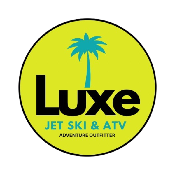 Logo with yellow circle, blue palm tree, and text: Luxe Jet Ski & ATV Adventure Outfitter.