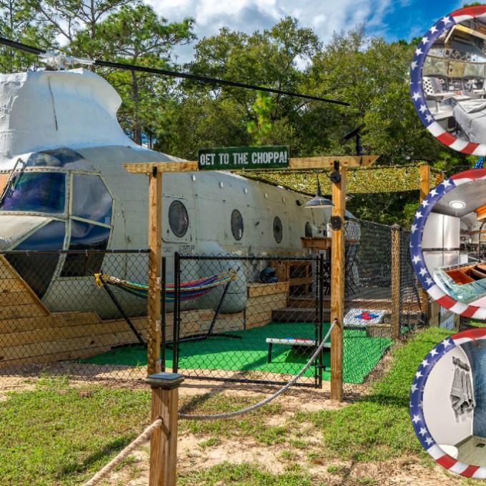 Helicopter converted into a themed living space with patriotic decor.