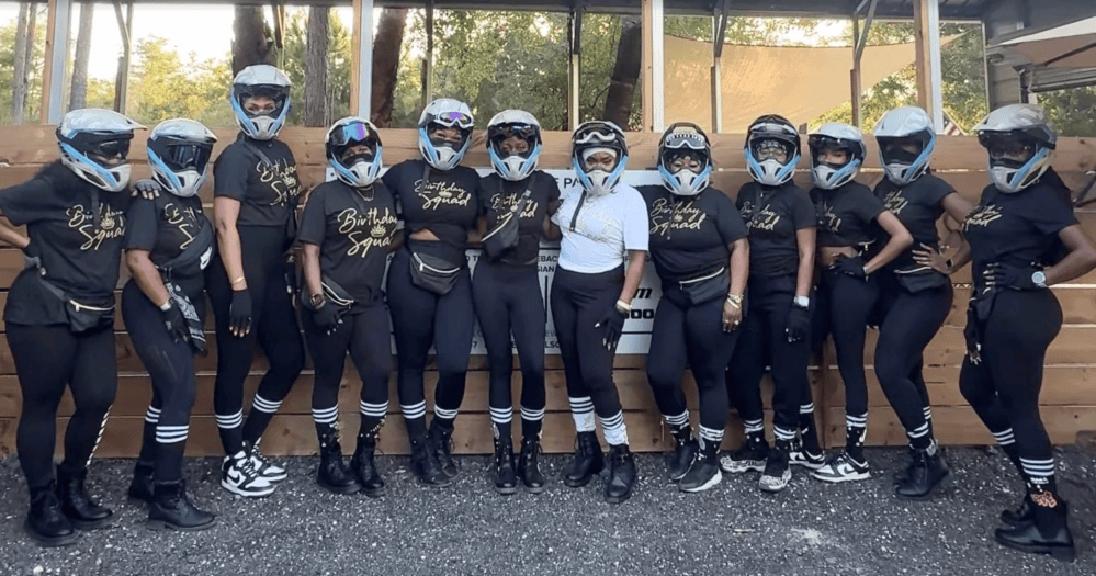 Group of people in matchingBachelorette group enjoying a guided Luxe ATV adventure near Daytona Beach, Florida
